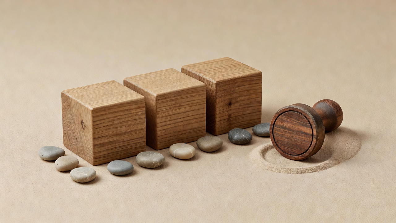 Soft-lit calendar blocks with owner tokens and an approval stamp on a plain sand background