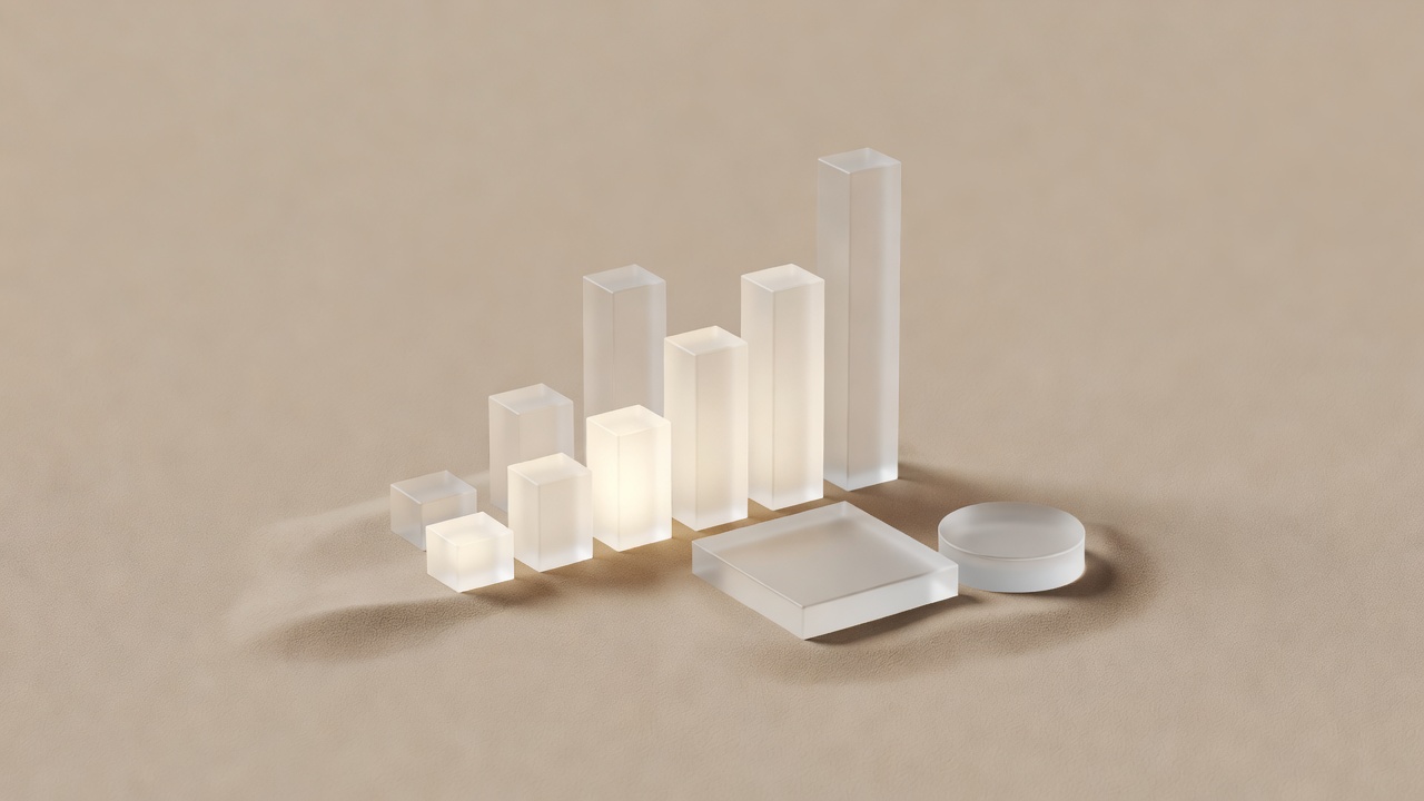 Soft-lit three-dimensional chart bars, a measurement tile and a review token on a plain sand background