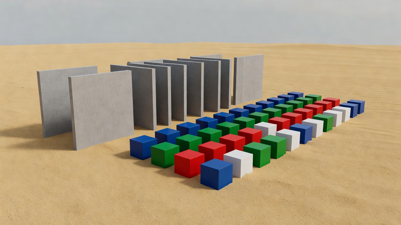 Three-dimensional planning panels and comparison blocks arranged on a plain sand surface